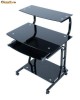 Birou din sticla pentru computer,sup. monitor,troliu, negru