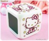 Ceas Cub digital 7 led Multicolor cu Alarma Hello Kitty, Termometru, Calendar si muzica pentru birou, dormitor copii