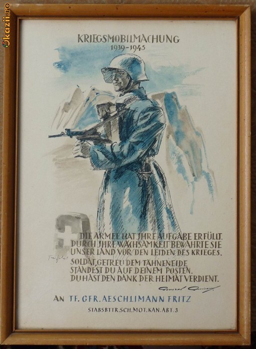 Desen militar 1939 - 1945 , Elvetia , tehnica mixta  , semnat de un general foto mare