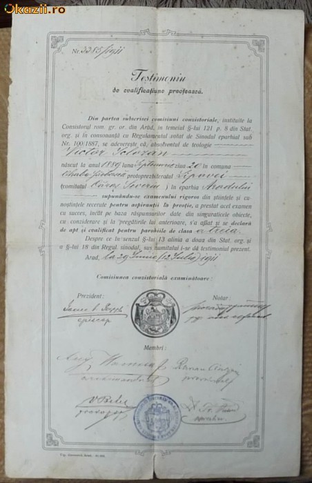 Testimoniu de calificatiune preoteasca , 1911 , semnatura episcopului foto mare