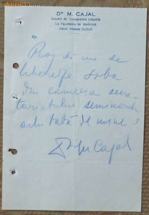 Notita scrisa si semnata de Dr. Docent Cajal foto mare