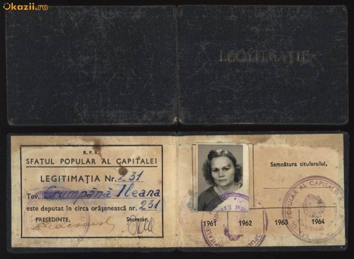 Sfatul Popular al Capitalei , Legitimatie de deputat ,1961 + certificat foto mare