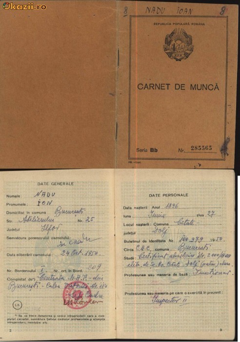 Carnet de munca , 1950 , Centrala M. A. T.  ,  Bucuresti foto mare
