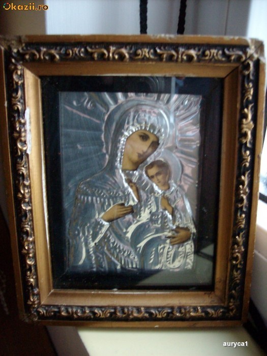 Icoana veche Fecioara Maria si Pruncul Isus - vechime 80-90 ani foto mare