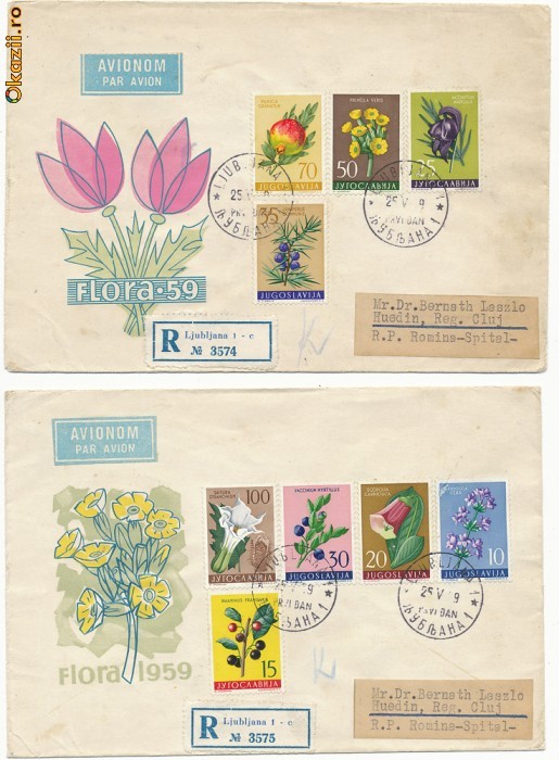 RFL 1959 flora Yugoslavia set 2 FDC cu timbre tema flori, circulate foto mare