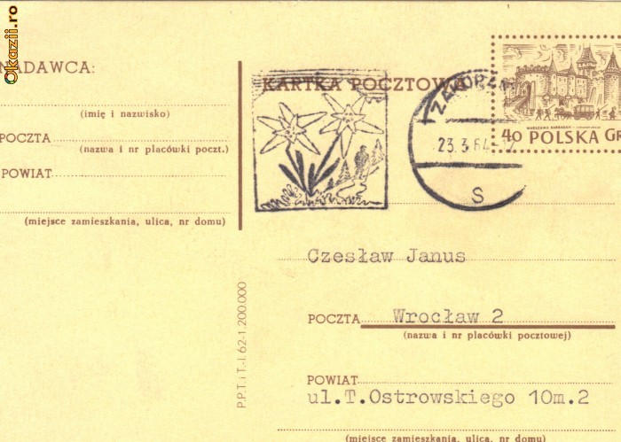 Intreg postal Polonia , 1962, stampila Floare de colt - 1964 foto mare
