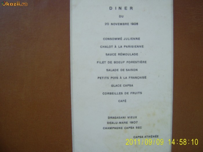 Restaurantul Capsa Athenee Bucuresti-meniu 1926 foto mare