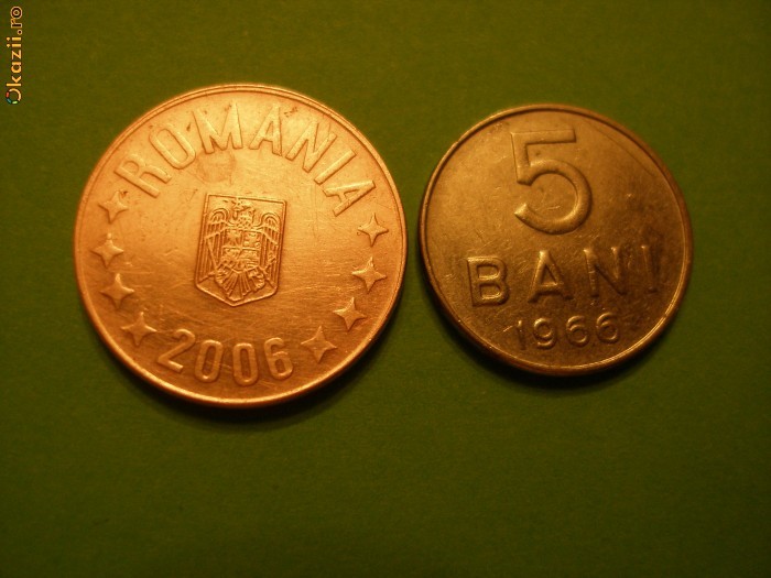 5 BANI 2006 + 5 BANI 1966 foto mare