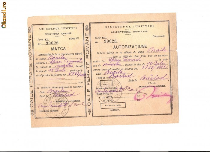 160 Document vechi -12iul1922-Autorizatiune Caile Ferate Romane, emisa de Ministerul Justitiei, pt.Spiru David(grec?),Braila prez.ca martor,la Barlad foto mare