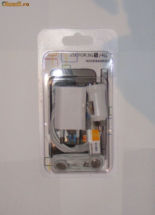 Accesorii Apple iPhone 3G 3GS 4 iPod iPad Incarcator Masina si Casa + Cablu USB + Casti cu microfon foto mare