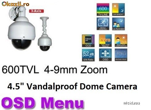 Camera Supraveghere Video Color 4.5 Vandalproof Dome De Exterior 1/3SONY EFFIO 600TVL,OSD,4-9mm Varifocal lens foto mare