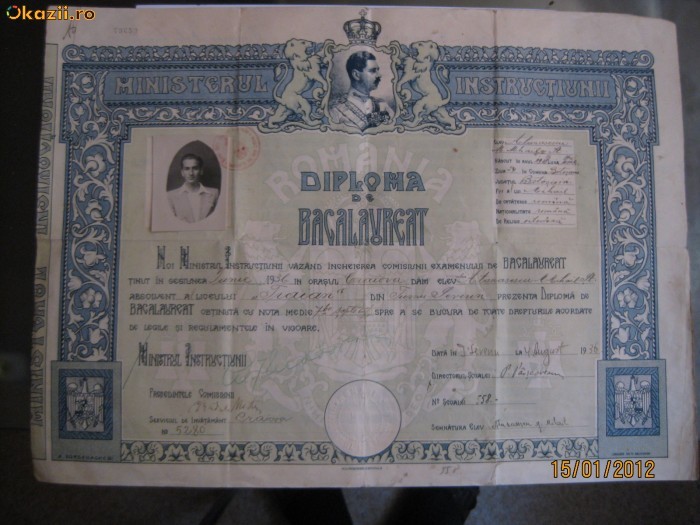 DIPLOMA DE BACALAUREAT DIN 1936 foto mare