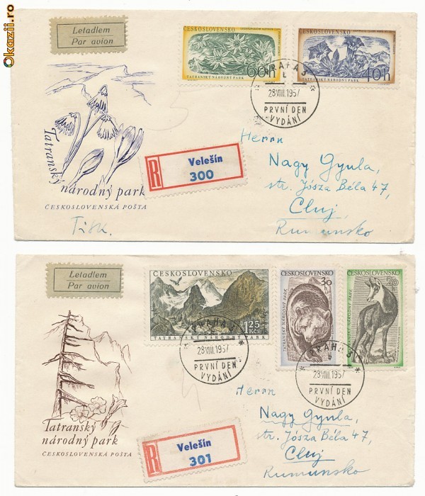 RFL Cehoslovacia 1957 serie Parcul National Tatra circulata pe 2 plicuri FDC spre Romania foto mare