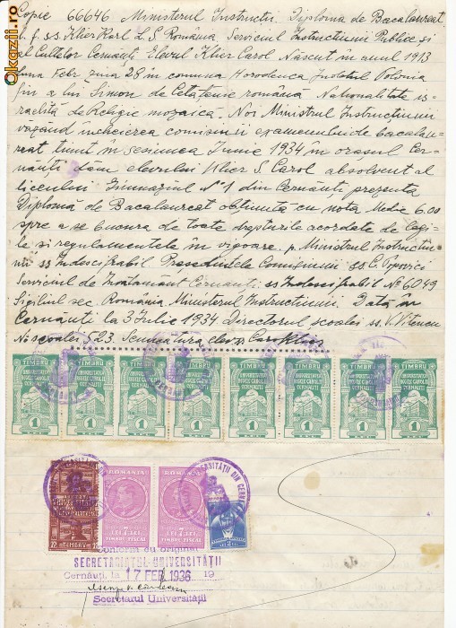 RFL 1936 document rarisim 8 timbre fiscale universitare Cernauti + 1 din Bucuresti foto mare