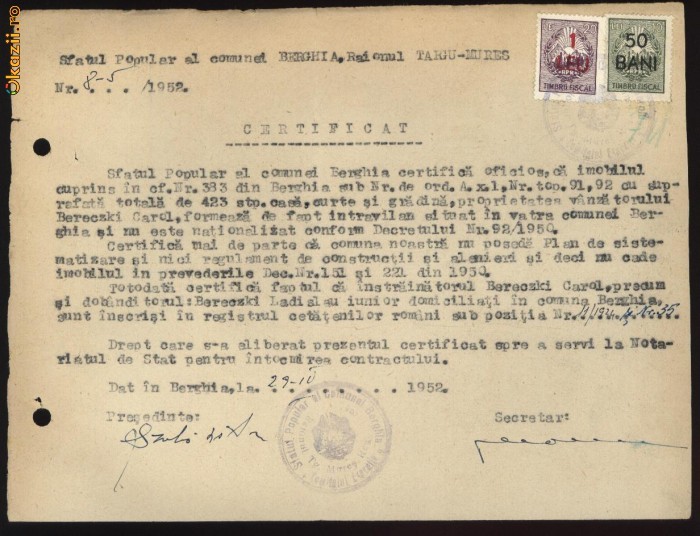 Certificat , 1952 , 2 fiscale cu supratipar foto mare