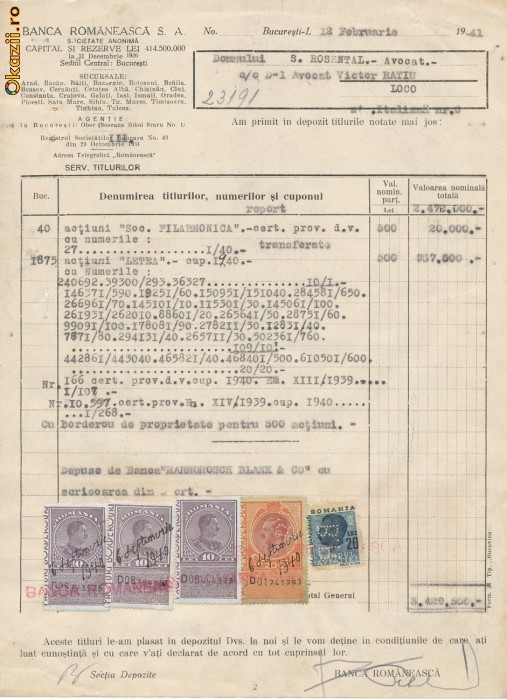 RFL 1941 Document Banca Rom. 5 timbre perfins foto mare